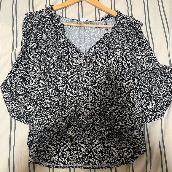 Gap print ruffle split neck top black white paisley floral boho blouse xs - Picture 2 of 5